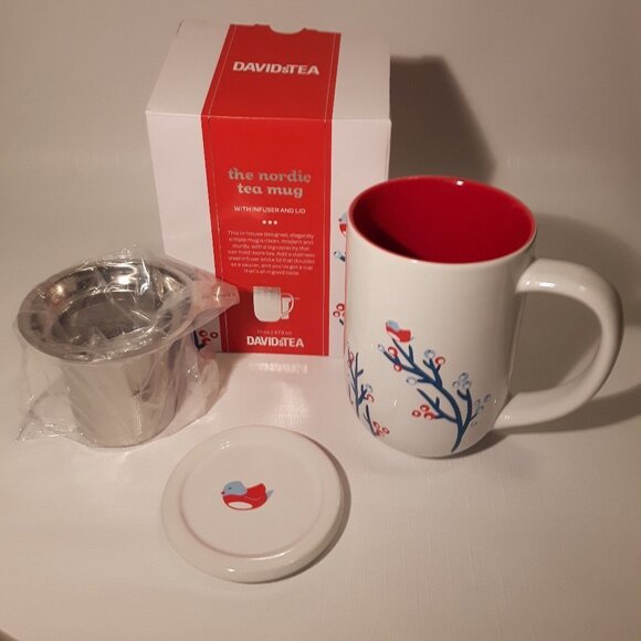 Davids Tea Nordic Tea Mug White Berries Birds New - Picture 1 of 7
